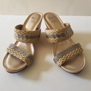 Impo Beige Wedge with Straw Braid detail and  Siver Sequin straps  size 8.5